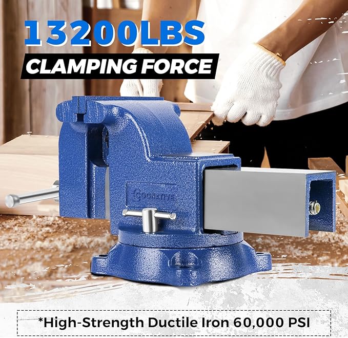 COGNATIVE 6" Heavy-Duty Bench Vise 13200LBS Stronger Clamping Force Ductile Iron Bench Vise 6 Inch 360째 Swivel Bench Vice with Anvil Blue, Include Mini Bench Vice Clamp