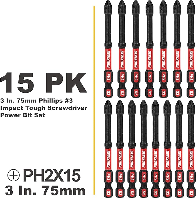 Impact Tough #2 Phillips 3 in. D2 Steel Long Extension Insert Driver Bits,15Pack 1/4 Inch Hex Shank Long Cross Magnetic PH2 Screwdriver Bits Set