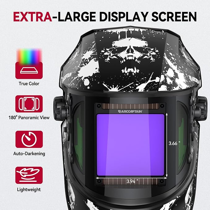 ARCCAPTAIN Auto Darkening Welding Helmet with Side View, 180째 Panoramic View, 1/1/1/1 True Color Large Viewing Welding Hood with 4 Arc Sensor Solar Powered, Wide Shade 4/5-9/9-13 for TIG MIG ARC CUT