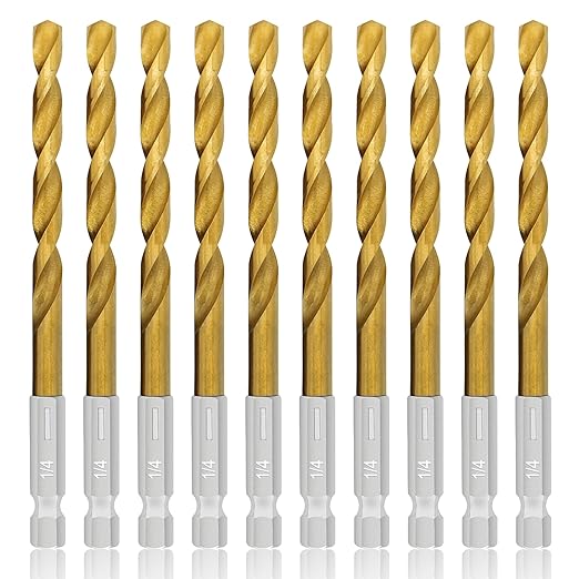 10 Pcs 1/4" Titanium Coated Twist Hex Shank Drill Bit Set, 135 Degree Tip HSS Impact Drill Bit Set with Storage Case for Metal, Aluminum, Steel, Wood, Plastic, Quick Change Design