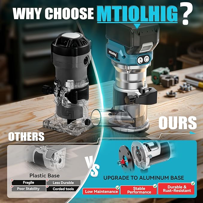 Cordless Compact Router Compatible with Makita 18V Battery, With 15Pcs Router Bits 6 Variable Speeds for Woodworking, 800W 30000 RPM Fixed Base Wood Router With Trim Bits