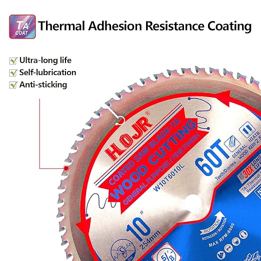 Circular Saw Blades Woodworking TA Series,10" 60-Tooth 5/8" Arbor, for Laminate, Melamine Board, Special Anti-Thermal Adhesion Coating on Cutting Edges -TA,High Finish,Long Life,W10 60T TA