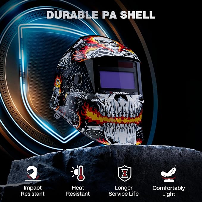 ARCCAPTAIN Welding Helmet Auto Darkening, 1/1/1/1 True Color Welding Hood, 4 Arc Sensor 1/25000s Response Time Solar Powered Weld Hood Helmet HSH-S800 Skeleton Knight
