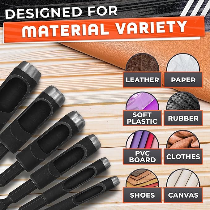 Leather Hole Punch Set - 6 Pcs Drill Bits Set 3/16" 1/4" 5/16" 3/8" 7/16" 1/2" - High-Precision Leather Punch Tool for Belts, Fabric and Crafts - Durable Carbon Steel Tools for Hobby & DIY Use