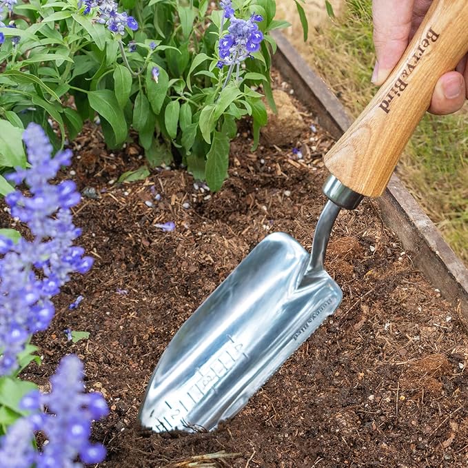 Berry&Bird Potting Trowel, Stainless Steel Serrated Hand Shovel, Wood Handle Garden Trowel Tool with Measuring Scale for Effortless Digging,Roots竊똏lanting, Cutting and Transplanting