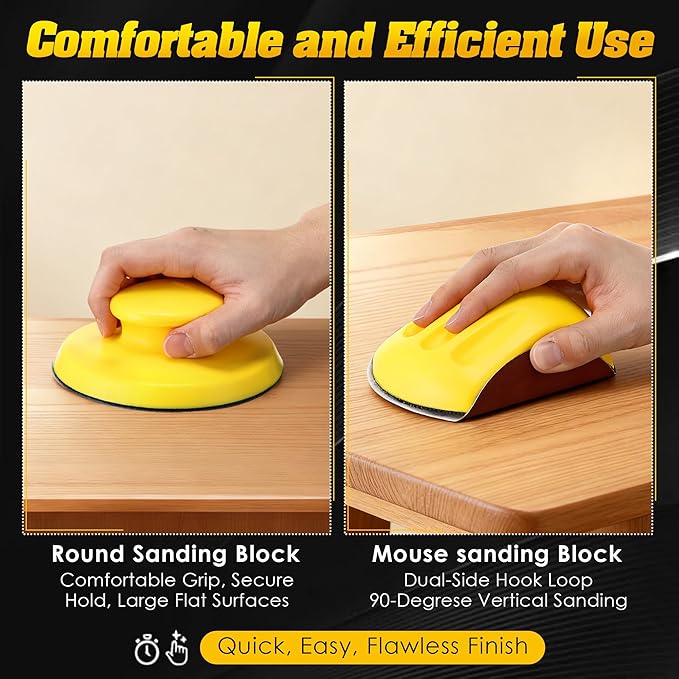 Huwena 5 Inch Hook and Loop Sanding Block Set, 2 Pcs Round and Mouse Sanding Block with 50 Pcs Different Grit Discs Sandpapers, Sand Paper for Wood Furniture Restoration Home Arts and Crafts