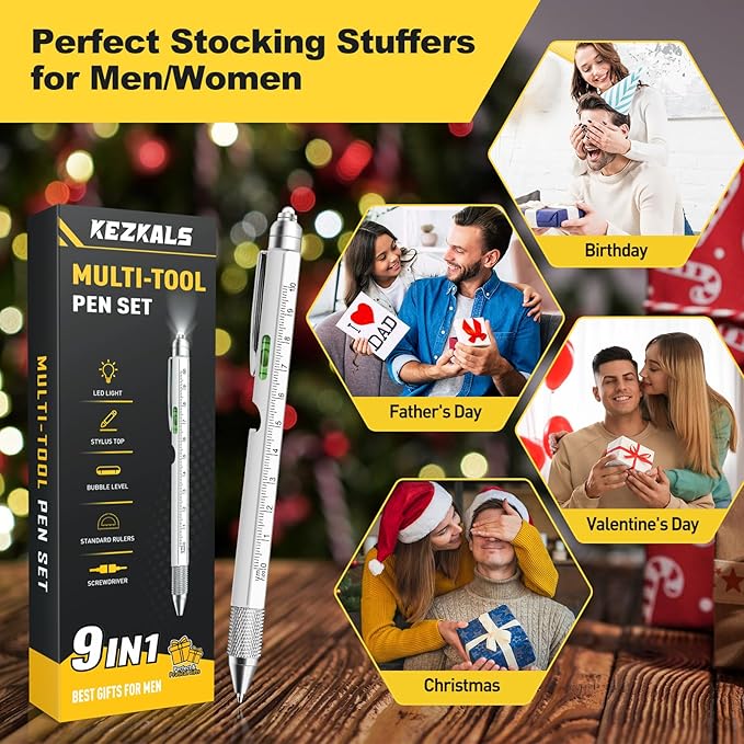 KEZKALS Stocking Stuffers for Teens, 9 in 1 Multitool Pen Gifts for Men, Mens Stocking Stuffers White Elephant Gifts for Adults, Mens Gifts for Dad Him Boyfriend, Birthday Christmas Gifts for Men