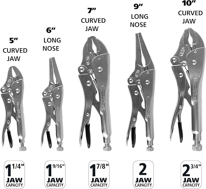 GreatNeck 74230 5-Piece Locking Plier Set ??Curved & Long Nose Pliers with Plastisol Trigger Release, Diagonal Tooth Grip, Wire Cutter & Storage Pouch ??Durable Alloy Steel Construction