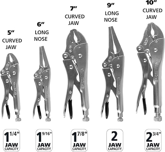 GreatNeck 74230 5-Piece Locking Plier Set ??Curved & Long Nose Pliers with Plastisol Trigger Release, Diagonal Tooth Grip, Wire Cutter & Storage Pouch ??Durable Alloy Steel Construction