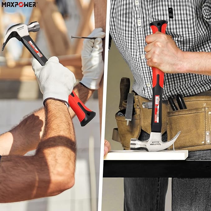 MAXPOWER Hammer and Pry Bar Set, 20oz Claw Hammer &15-inch Flat Pry Bar