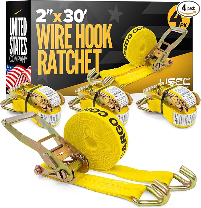 US Cargo Control Wire Hook Ratchet Straps 2 Inch x 30 Foot (4-Pack), 10,000 LBS Break Strength, Ratchet Straps Heavy Duty with Double J Hooks, Cargo Tie Downs for Flatbed Trailers and Trucks