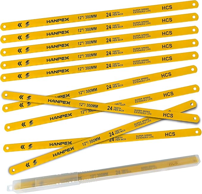 12in. High-Tension Hacksaw Frame with 10pcs 24TPI Extra High Carbon Steel Blades, Hand Saw Suitable for Metal, wood, PVC, Carpentry