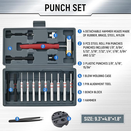 Pin Punch Set, Steel Roll Pin Punch Set, Punch Tool, Pin Punches with Replaceable Face Hammer, Made of Solid Material, Mechanical Repair Tool with Bench Block