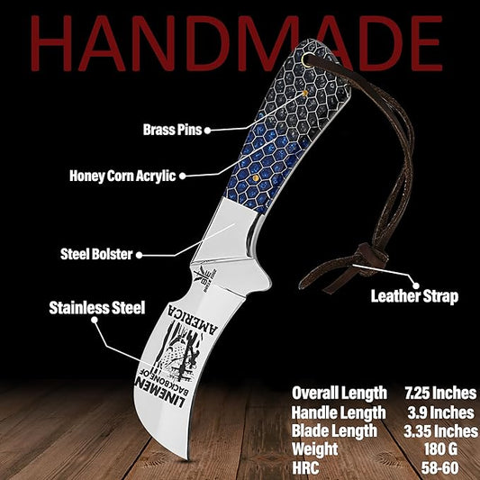 Stainless Steel Lineman's Hawkbill Knife, Fixed Blade,Full Tang, Wire Skinning, Utility Tool with Leather Sheath