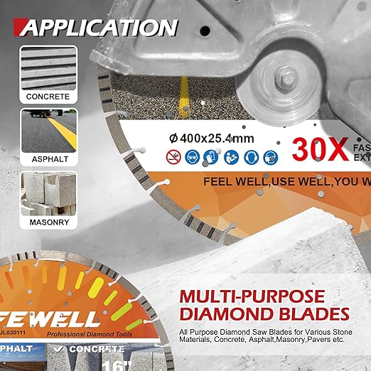 FEWELL 16" Premium Diamond Saw Blade, Multi-Purpose Diamond Blade, Cutting Hard Reinforced Concrete Asphalt Masonry Stone Terrazzo, Laser-Welded Segmented, 1"-20mm Arbor