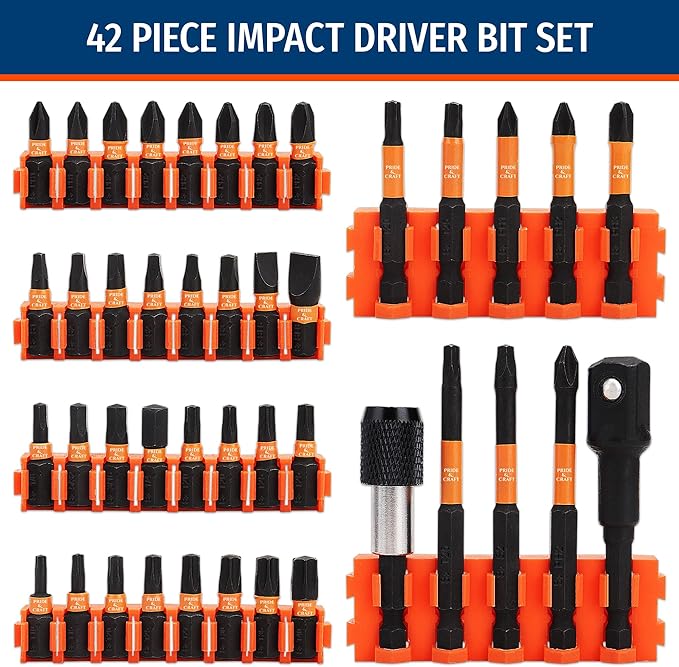 PRIDE&CRAFT 42 Pieces Impact Driver Bit Set, Magnetic Nut Driver Set - S2 Steel Screwdriver Bit Set, Bits for Impact Driver, Nut Driver Set Magnetic for Power Drills Tools Set