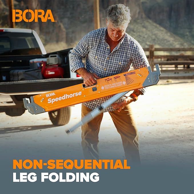 Bora Portamate Speedhorse XT Sawhorse Pair- Two pack, 30-36 inch height adjustable Legs, Metal Top for 2x4, Heavy Duty Pro Bench Saw Horse for Contractors, Carpenters - PM-4550T,Orange