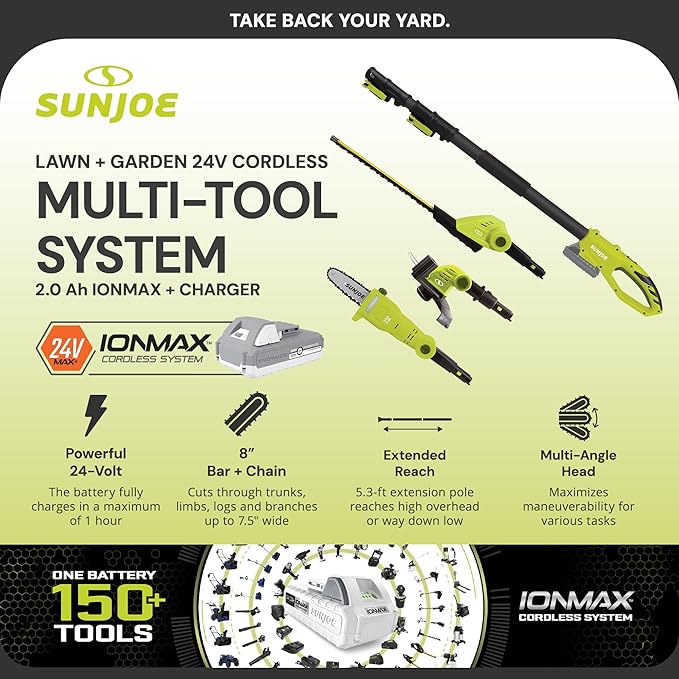 Sun Joe Cordless Lawn Care System, Grass & Hedge Trimmer Combo Power Tool Kit with 8??Pole Saw, Batteries & Charger - Heavy-Duty Trimming Machine Set for Lawn, Yard & Gardening Care, IONMAX GTS4002C
