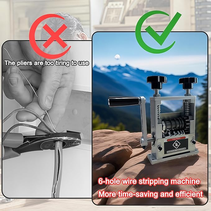 Manual Wire Stripper Machine,Drill Powered Hand Crank Wire Stripper Tool With 6 Channels and 5 Blades,Wire Stripping Tool for 0.06"-0.65" Scrap Wire,Scrapping Copper Wire Peeler Machine (Silvery)