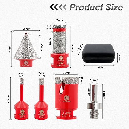 FOCSTOL Diamond Core Drill Bit Set - 6pcs (6/8/35mm+20mm Drilling Milling Bit+35mm Beveling Chamfer Bit+HEX) Diamond Hole Saw Kit for Porcelain Ceramic Tile Marble Granite