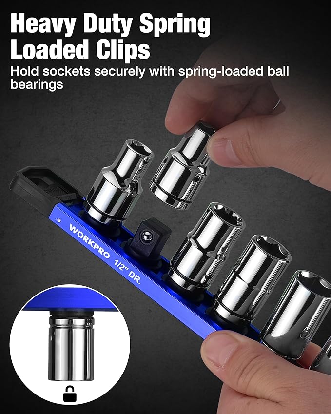 WORKPRO Magnetic Socket Organizer, 1/2" Drive Aluminum Alloy Socket Holder with 10PC Removable Socket Clips for Quick Customization, Socket Rail for Tool Box Drawer (Sockets Not Included)