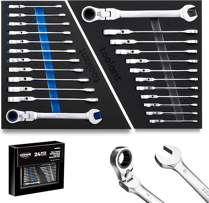 toolant 24pcs Ratcheting Wrench Set, Flex-Head Ratchet Combination Wrench Sets with Switch Design, 8-19mm & 1/4"-7/8", 90-Tooth and 4째Swing, 24PCS with Storage Tray