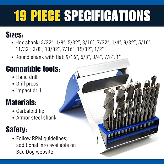 Bad Dog 19 Piece Multipurpose High Speed Drill Bit Set. Unique Carbide, Titanium, Cobalt Tip & Armor Steel Hex Shank. Made in USA. Drill Through Everything! Hardened Steel, Masonry, Wood, Tile & More