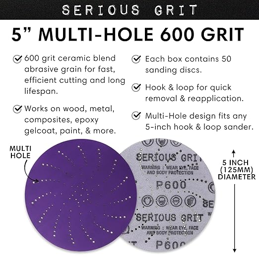 Serious Grit 5-Inch 600 Grit Ceramic Multi-Hole Hook & Loop Sanding Discs - Advanced Grain for Fast Cutting & Long Life - Film-Backed Universal Fit Sandpaper for 5-in Sanders - 50 Pack Box