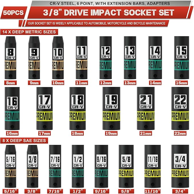 3/8" Drive Impact Socket Set, 50-Piece Standard SAE 5/16 to 3/4 inch and Metric 8-22mm, Cr-V Steel, 6 Point, with Extension Bars and Adapters, for Impact Wrenches, Automotive and Home