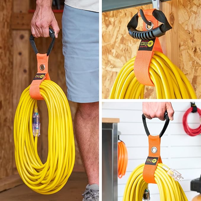 Easy-Carry Wrap-It Storage Straps - 17??(2-Pack) Blaze Orange with Grommet - Extension Cord Hanger Carrying Straps for RV Accessories