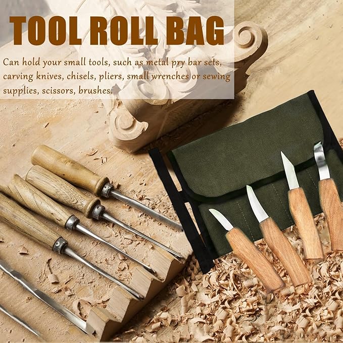 BLIRITEL Small Canvas Chisel Roll, Chisels Bag Tool Organizer with 4 Pockets, Metal Pry Bar Plier Wrench Roll Tool Pouch for Mechanic Carpenter Craftsman (Army Green)