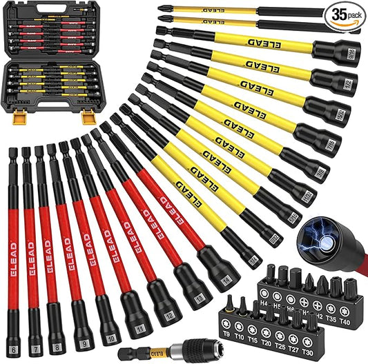 Magnetic Nut Driver Bit Set, 35-Piece Extra Long Nut Driver Set for Impact Drill, Metric & SAE, PH1 & PH2 Screwdriver Bits 1/4 Drive Shank Adapter Extension, Durable for Professional Projects