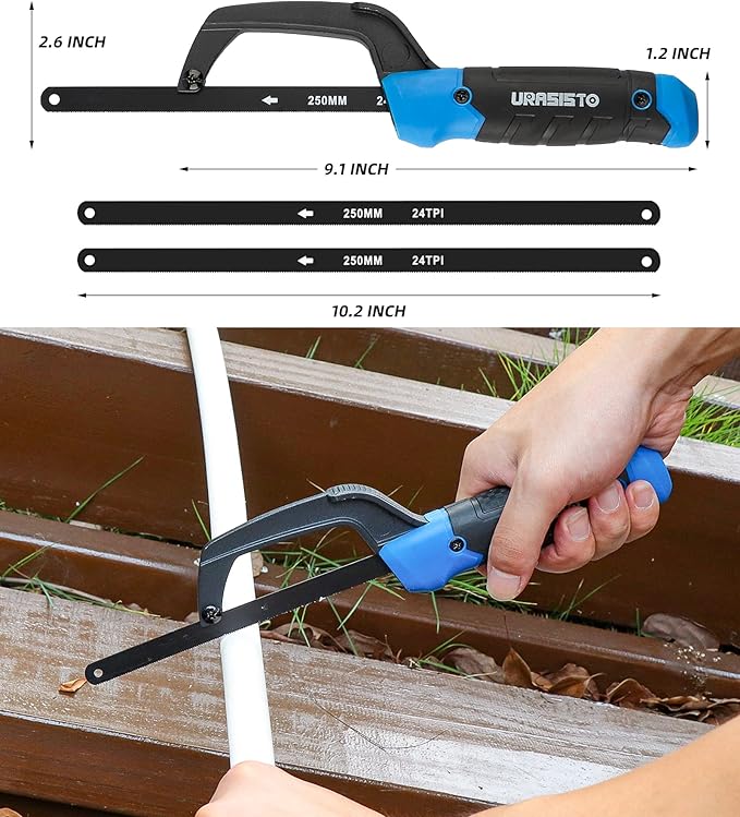 Hacksaw Frame Set, 12“ Hacksaw Frame, 6'' Hacksaw Frame and 10'' Mini Hacksaw, Including 8pc Extra Blades Multi-function for Metal Wood PVC Pipes