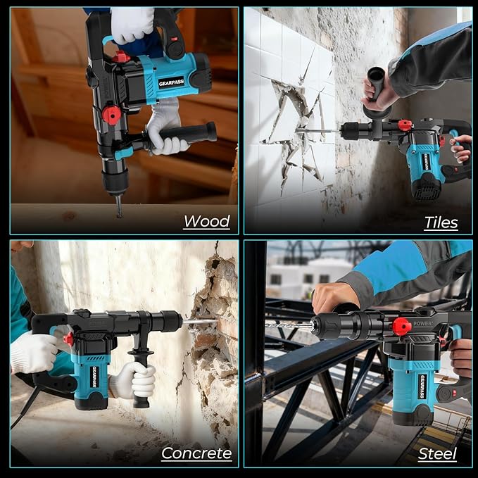 1-1/4" SDS-Plus Rotary Hammer Drill, 12.5 Amp Heavy Duty Rotary Hammer, 3 Functions with Safety Clutch, 6 Speed, Corded Rotomartillo for Concrete, Drill Bits, Flat/Point Chisels Included