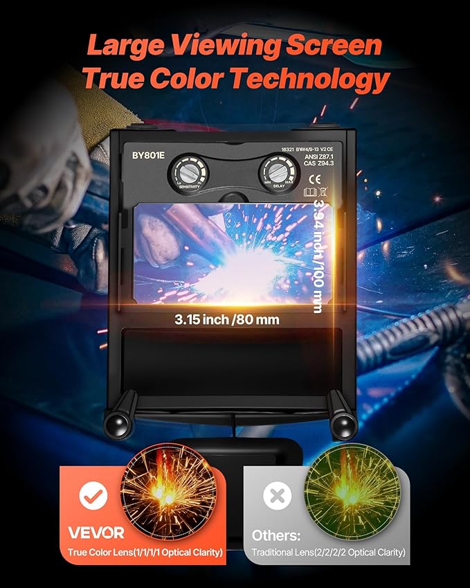 VEVOR Welding Helmet Auto Darkening True Color, 3.94" x 3.15" Welding Hood Solar-Powered, Welder Mask with 4 Arc Sensors, Wide Shade 4/5-9/9-13 for TIG MIG ARC Weld Cut Grinding - METIS Series