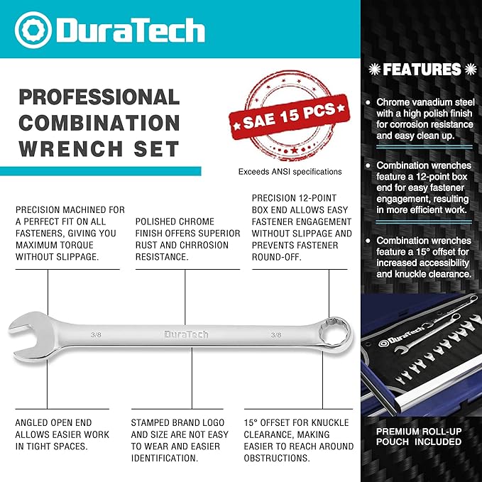 DURATECH Combination Wrench Set, SAE, 15-Piece, 1/4'' to 1-1/16'', 12-Point, CR-V Steel, with Rolling Pouch