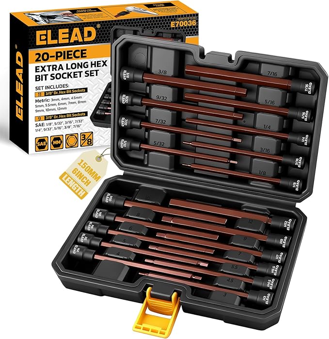 ELEAD Extra-Long Allen Hex Bit Socket Set: 20-Piece 3/8 Inch Drive, S2 Steel, Standard SAE & Metric (1/8-Inch - 7/16-Inch, 3-12mm) for Impact Drills and Ratchet Wrenches