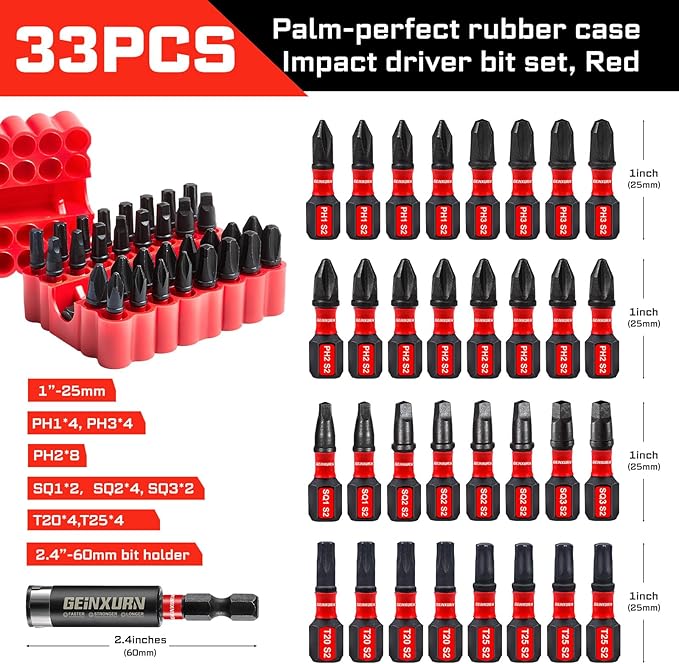 Impact Screwdriver Bits Set, 33 Pieces 1?쒶ulti Head Magnetic S2 Steel Driver Bits PH/SQ/Torx With Red Soft Base