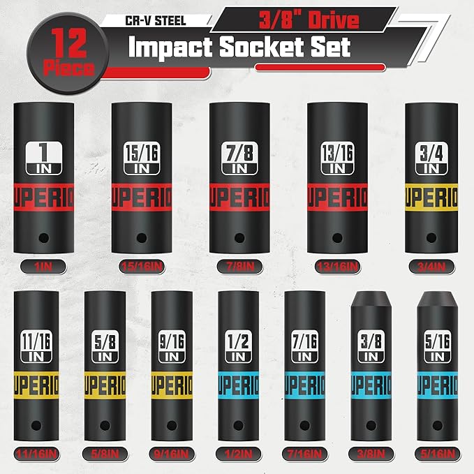 12 Piece 3/8" Drive Impact Socket Set, 5/16??to 1??Deep Socket, SAE, 6 Point, CR-V, Automotive Motorcycle and Bicycle Maintenance, Machinery Manufacturing