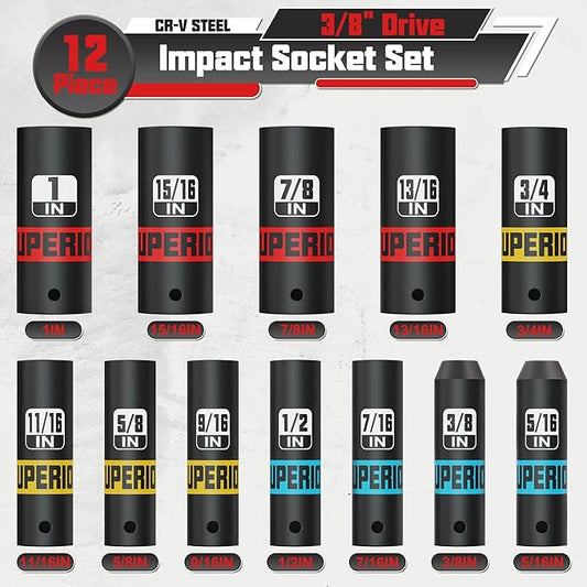 12 Piece 3/8" Drive Impact Socket Set, 5/16??to 1??Deep Socket, SAE, 6 Point, CR-V, Automotive Motorcycle and Bicycle Maintenance, Machinery Manufacturing
