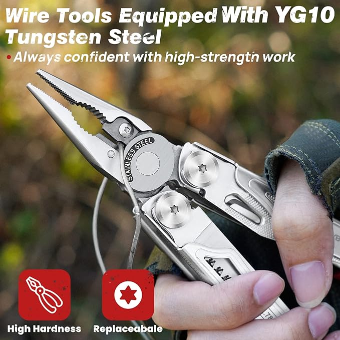 BIBURY Multitool Pliers BI2038B, 22-in-1 Stainless Steel Multi Tool with Flint, Window Breaker, Scissors, Back Clip, Folding Pocket Multifunctional Self-locking EDC Tool for Survival Camping Hiking