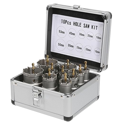 10PCS Carbide Hole Saw Kit, 16??3mm Metal Hole Cutter with Pilot Drill, Holesaw for Hard Metal, Stainless Steel, Iron, Mild Steel, Aluminium, Alloy, Plastic, Fiberglass