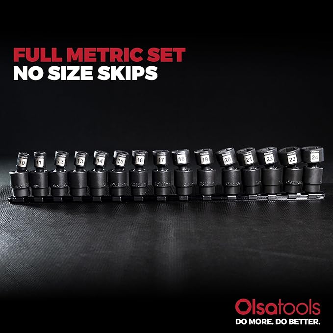 Olsa Tools Swivel Impact Socket Set, 1/2" Drive Metric - Pinless Universal Joint Sockets - Impact Swivel Socket Set - Drop-Forged Cr-Mo High Torque Wobble Sockets with Rail - Part: 1781