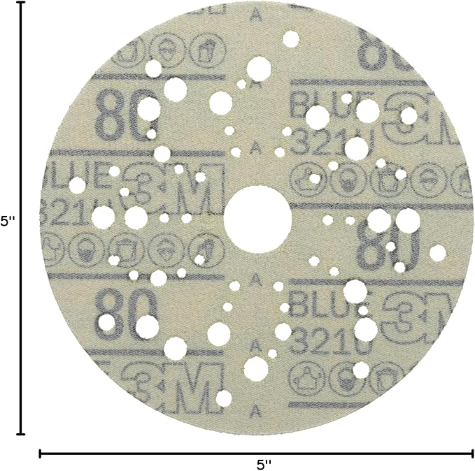 3M Hookit Blue Abrasive Discs 36157, Multi-Hole, 5 in, 80+ Grade, Pack of 50, Virtually Dust-Free, for Auto Sanding, Body Repair, Featheredging, Primer Sanding, Paint Preparation, E-Coat Sanding