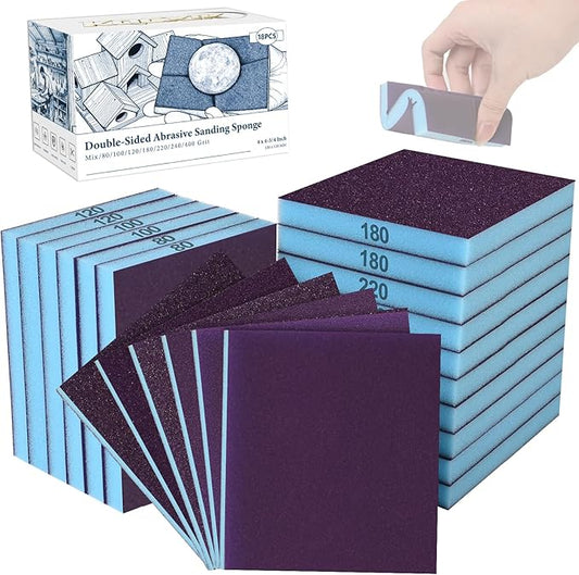 18 Pack Double-Sided Sanding Sponge, Wet Dry Sanding Blocks 80/100/120/180/220/240 Grit, Washable Sandpaper Sponge Assortment Pack for Curved Wood Furniture Paint Drywall Metal