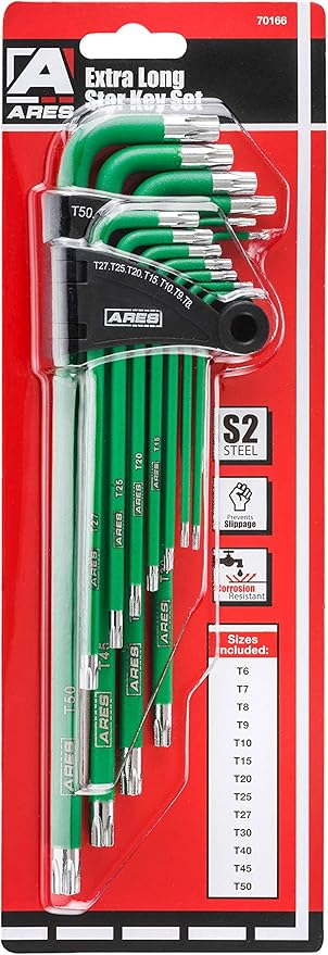ARES 70166-13-Piece Extra Long Arm Torx Star Key Wrench Set - Chrome Finish with Green High Visibility Anti-Slip Coating - Convenient Storage Case Included