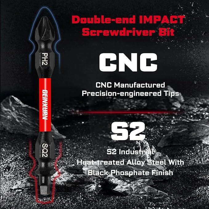 10Pcs PH2-SQ2 Impact Double End Screwdriver Bit Set, 2.56 in. #2 Phillips /#2 Square Power Driver Bits, Magnetic S2 Steel Two Sides Screwdriver Bits Set with Storage M-Box