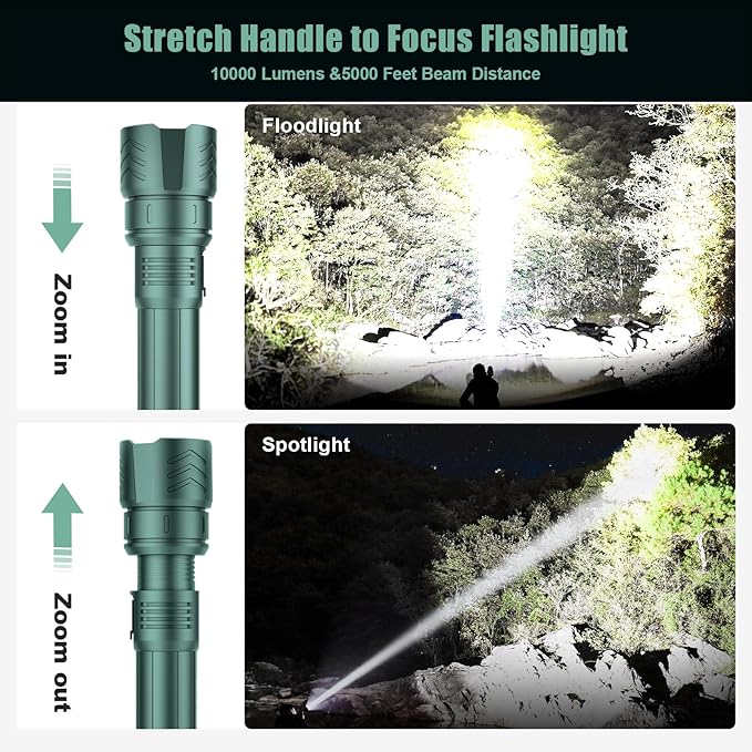 SKYFIRE LED Flashlight High Lumens,5000mAh Super Bright Rechargeable Flashlight,Zoomable,Four Modes,Waterproof Flash Light for Camping Essentials,Outdoor and Home Emergencies-Green