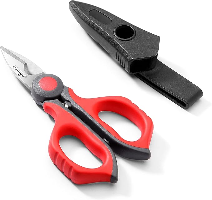 LIVINGO Electrician Scissors: 6 Inch Sharp Heavy Duty Wire Shears - Stainless Steel Serrated Notch Blade with Belt Clip, Stripper Fiber Optic, Crimping Aluminium Copper Soft Cable Line