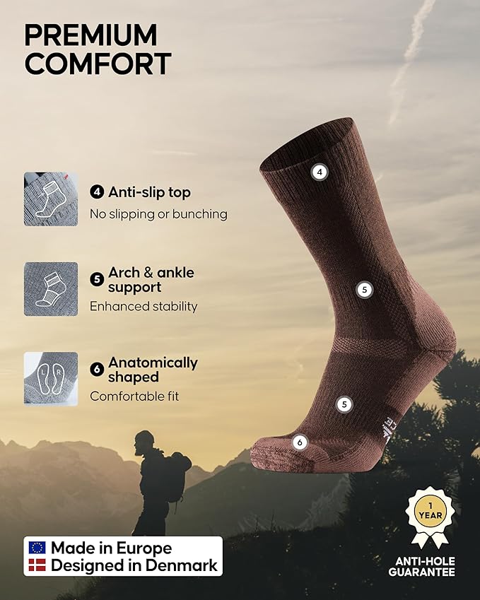 DANISH ENDURANCE Merino Wool Hiking Crew Socks for Men & Women, Cushioned Anti-Blister, Breathable - 3 Pairs